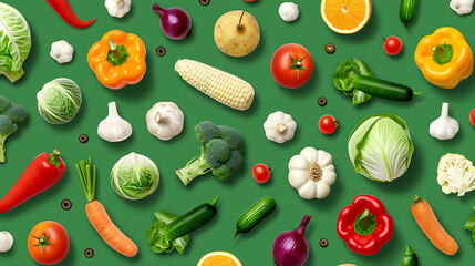 A flat lay of colorful vegetables on a green background.