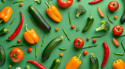 Wall Mural - A colorful flat lay of fresh vegetables on a green background.