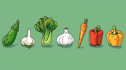 Wall Mural - Hand drawn illustration of different vegetables, including eggplant, garlic, bok choy, carrot, red pepper, and yellow pepper.