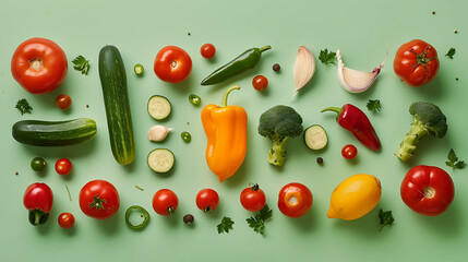 Wall Mural - Fresh vegetables are spread out on a light green background.