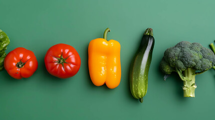 Wall Mural - Fresh vegetables arranged in a line on a green background.