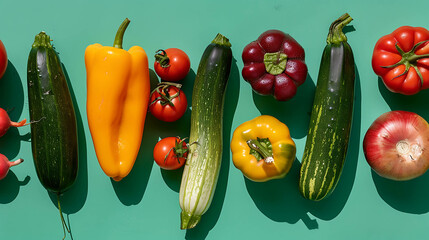 Wall Mural - Assortment of fresh vegetables on a teal background.