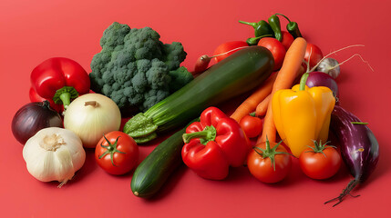 Wall Mural - A collection of fresh vegetables on a red background.