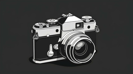 Wall Mural - Black and white illustration of a vintage camera on a black background.