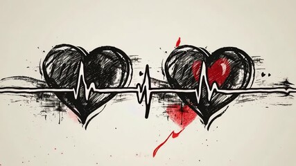 Poster - A striking illustration features two heart shapes, one black and one red, connected by a pulsating heartbeat line, symbolizing love and emotion.