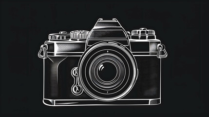 A vintage film camera illustrated in white on a black background.