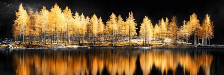 Golden trees reflected in lake on black sky background. Modern canvas art with golden yellow forest