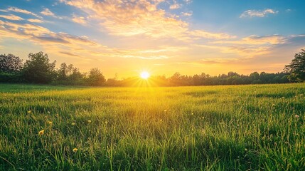 Wall Mural - Sunset Glowing Over a Meadow With Green Grass and Trees in the Distance