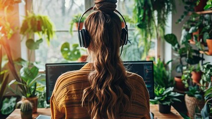 Poster - A woman with a stylish bun enjoys music through headphones while focused on her laptop. She is surrounded by vibrant green plants in a bright, cozy workspace.