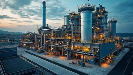 Poster - Industrial facility at dusk with illuminated structures and winding pipes in a remote location