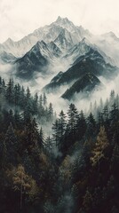 Poster - Mountain Landscape with Fog and Pine Trees