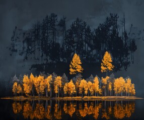 Canvas Print - Golden trees reflected in lake on black sky background. Modern canvas art with golden yellow forest