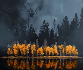 Canvas Print - Golden trees reflected in lake on black sky background. Modern canvas art with golden yellow forest