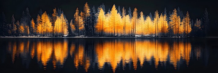 Golden trees reflected in lake on black sky background. Modern canvas art with golden yellow forest