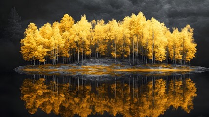 Canvas Print - Golden trees reflected in lake on black sky background. Modern canvas art with golden yellow forest