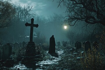 Wall Mural - A solitary figure walks through a foggy, nighttime graveyard with a cross in the foreground.