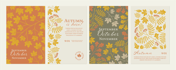 Wall Mural - Autumn greeting card template set. Holiday background with fall leaves. Flyer design with maple, oak and rowan branches. Modern Thanksgiving poster with hand drawn illustration.