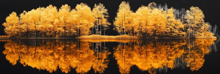 Canvas Print - Golden trees reflected in lake on black sky background. Modern canvas art with golden yellow forest