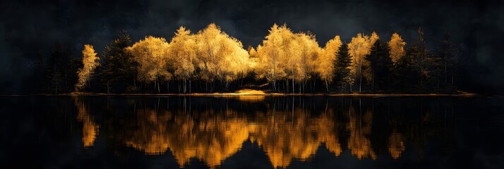 Golden trees reflected in lake on black sky background. Modern canvas art with golden yellow forest