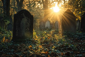 Canvas Print - Sunbeams Through Gravestones in a Forest Cemetery