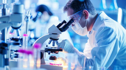 scientist in lab coat examining microscope with bacteria samples in petri dish, symbolizing disease 