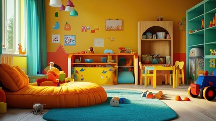 A vibrant children's playroom filled with colorful furniture and playful decor