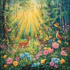 Wall Mural - Serene Forest Scene with Deer and Flowers in Sunlight