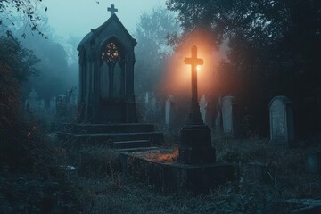 Poster - A Cross Illuminated in a Foggy Graveyard at Dusk