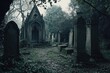 © MrHamster - A Gothic Stone Mausoleum with Surrounding Gravestones in a Foggy Cemetery
