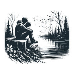 Canvas Print - The sad man and his couple in the creek. Black white vector illustration.
