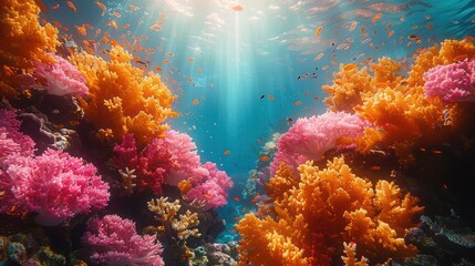 Beautiful tropical coral reef teeming with a vibrant shoal of coral fish swimming among colorful corals. Ideal for marine life, underwater scenes, ocean wildlife, and aquatic-themed visuals