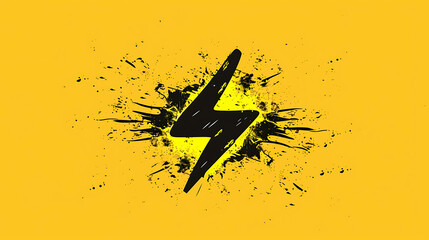 Wall Mural - A black lightning bolt with a black splatter effect on a yellow background.