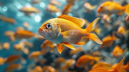 Stunning tropical coral reef teeming with life, showcasing a vibrant shoal of Goldbelly Cardinalfish (Apogon apogonides) swimming gracefully among colorful corals. Perfect for marine and oceanic