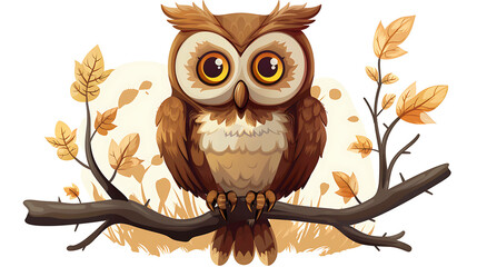 Wall Mural - Cute cartoon owl perched on a branch with autumn leaves.