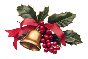 A festive arrangement featuring two golden Christmas bells adorned with a red shimmering bow. PNG die cut isolated on white background.