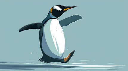 Sticker - A penguin walks across a light blue surface, with water splashing behind it.