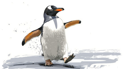 Wall Mural - A cartoon penguin walks confidently across a snowy, abstract background.