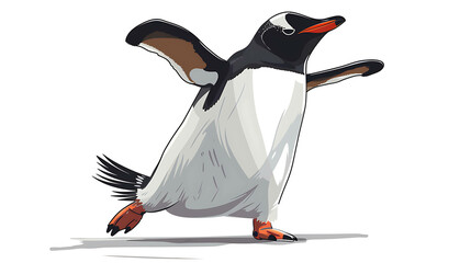 Sticker - A cartoon illustration of a penguin running with its wings out.