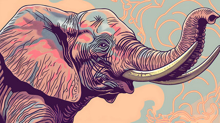 Wall Mural - A colorful illustration of an elephant's head with its trunk raised.