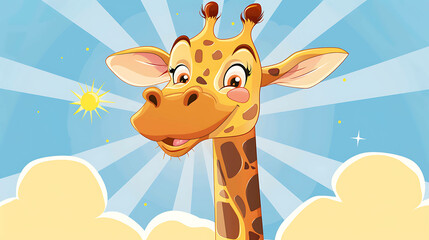 Sticker - A cute cartoon giraffe smiling with a blue sky and sun in the background.