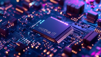 Poster - macro close-up of components and microchips on a pc circuit board of a hard disk drive, highlighting