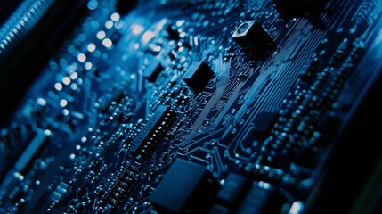 Poster - macro close-up of components and microchips on a pc circuit board of a hard disk drive, highlighting