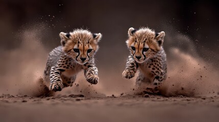 Two adorable cheetah cubs sprint across a dusty landscape, capturing the essence of speed and playfulness, This dynamic image is perfect for wildlife articles, educational materials