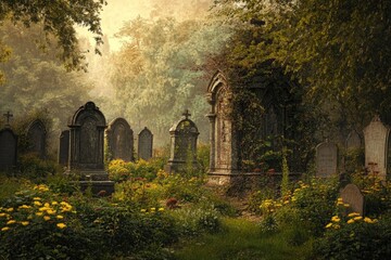 An overgrown and misty cemetery with stone tombstones and yellow flowers