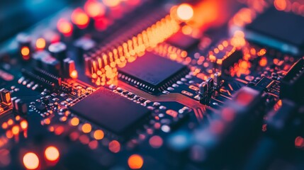 Poster - macro close-up of components and microchips on a pc circuit board of a hard disk drive, highlighting