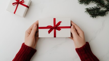 Woman s Hands Holding Gift Box with Red Ribbon on White Background