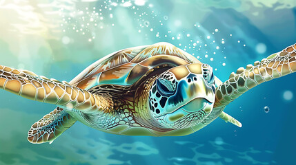 Poster - A green sea turtle swims in the ocean, the light shines through the water.