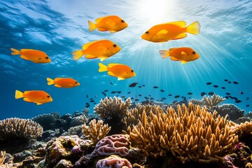 Vibrant coral reef teeming with colorful fish and diverse coral species, illuminated by sunlight filtering through the water