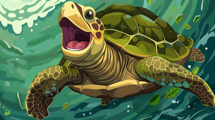 Poster - A cartoon sea turtle swims through the water with a big smile.