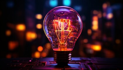 Close-up of a glowing light bulb with visible circuits inside, set against a dark, futuristic background. The intricate design and vibrant colors evoke innovation, technology, and modern energy